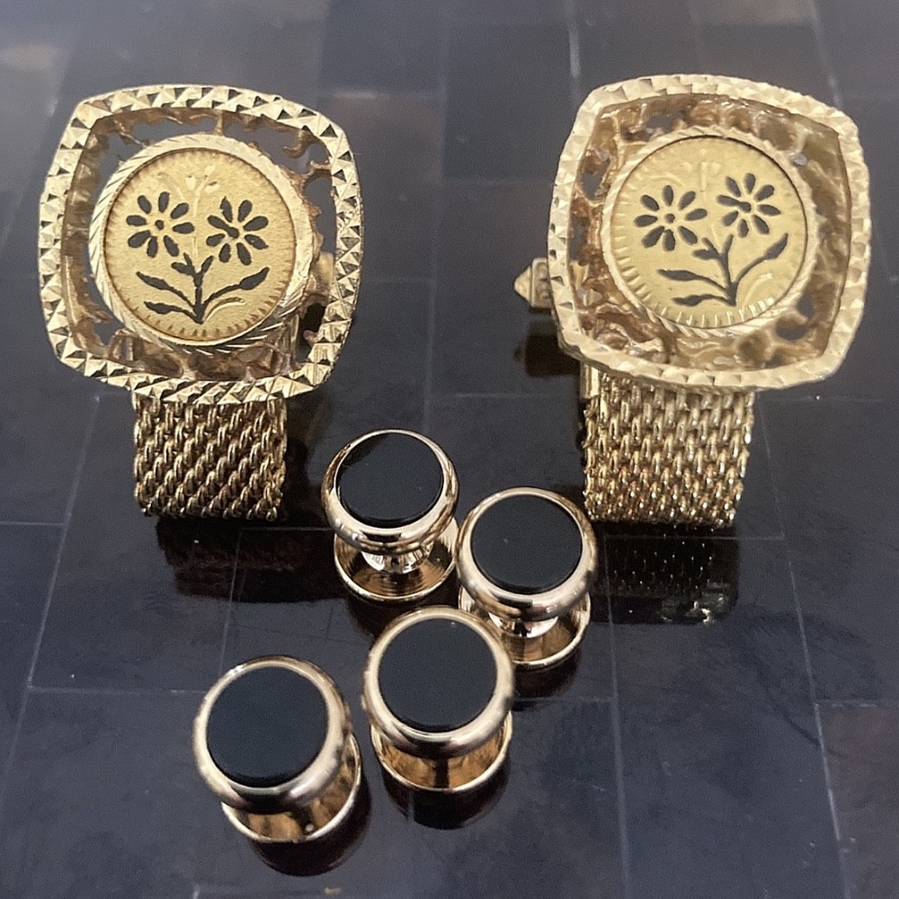 Vintage Gold Tone Mesh Wrap Cufflinks & Black Onyx Tuxedo Stud Set